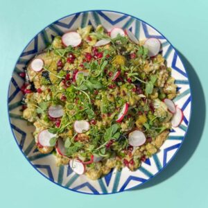 Tahini roasted cauliflower, aubergine, pomegranate, coriander & sesame seed