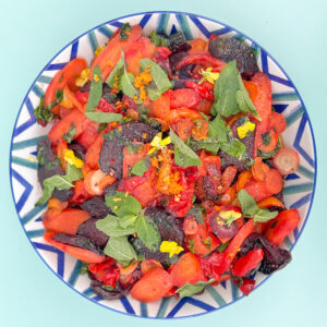 Slow roasted carrot, beetroot, pepper and mint with agave and orange dressing